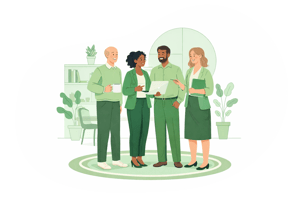 Gruppe med kollegaer som trives på jobb